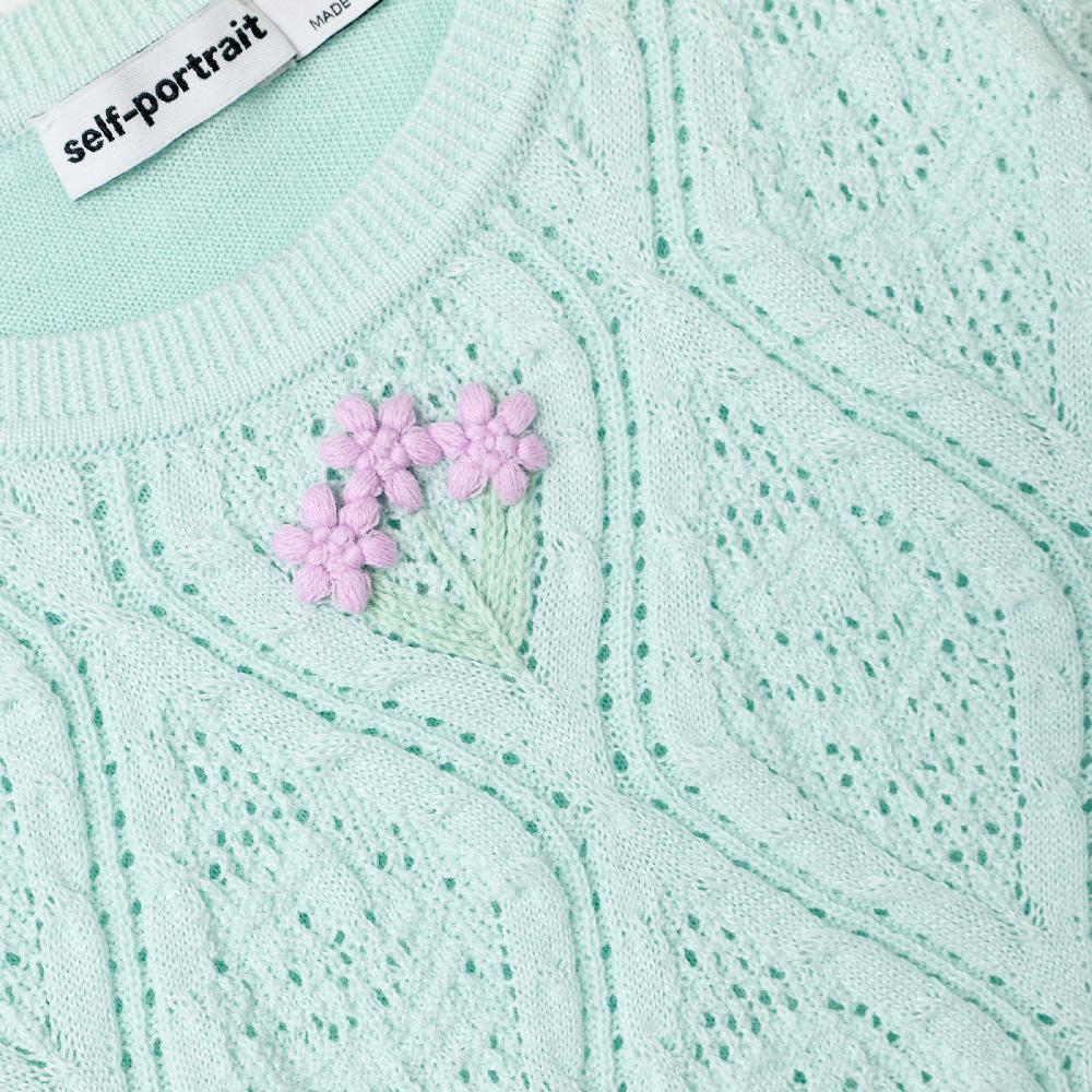 Self Portrait Mint Flower Embroidered Knit Dress KIDS