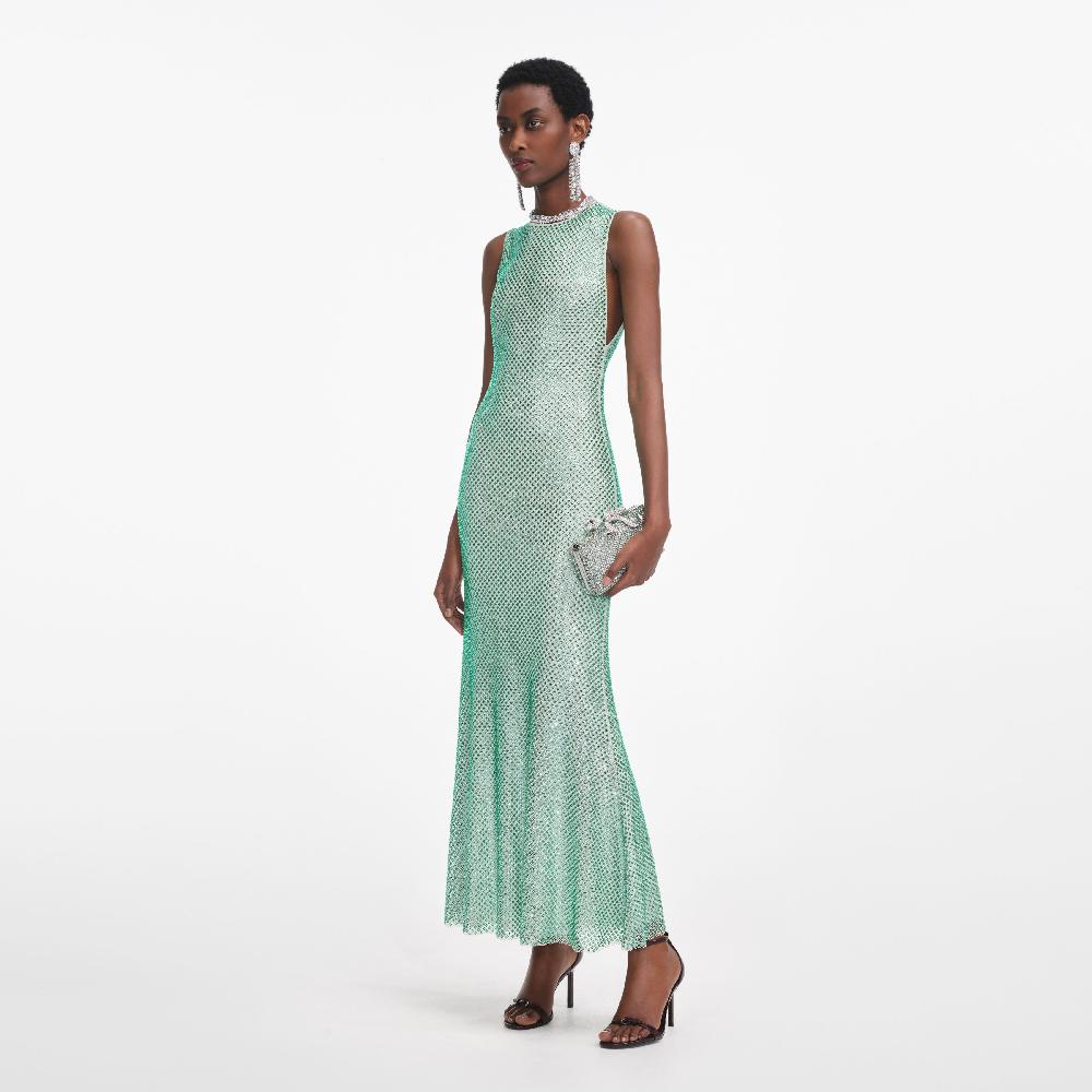 Self Portrait Mint Rhinestone Mesh Midi Dress CLOTHING