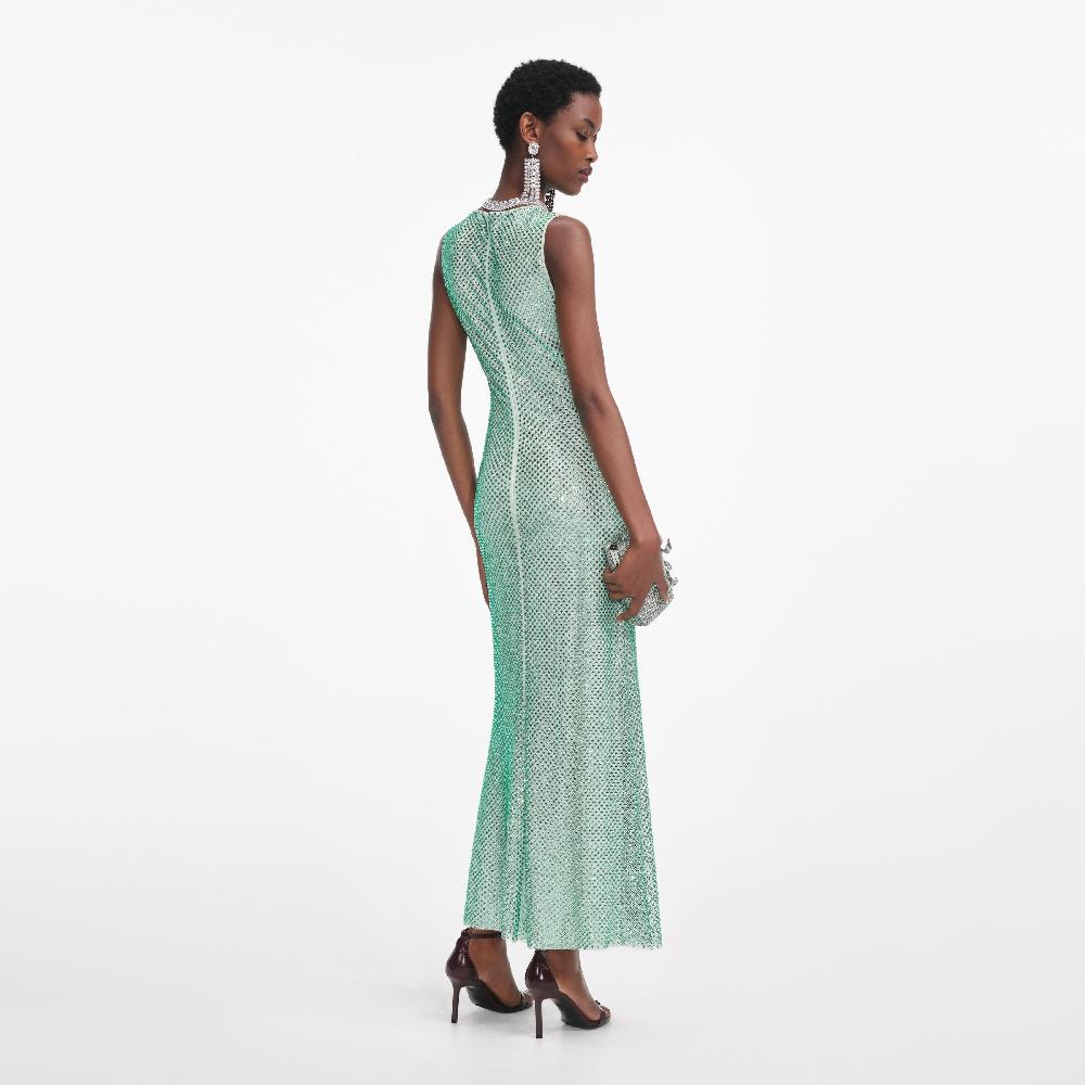 Self Portrait Mint Rhinestone Mesh Midi Dress CLOTHING