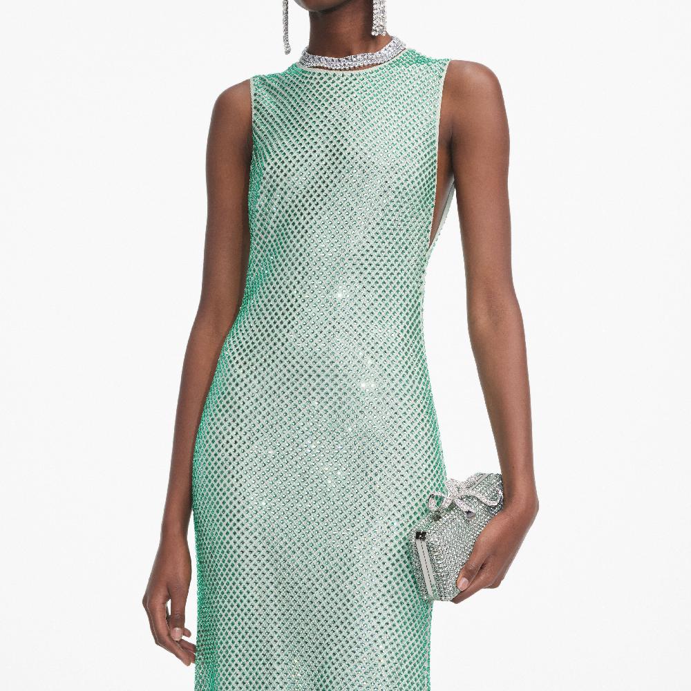 Self Portrait Mint Rhinestone Mesh Midi Dress CLOTHING