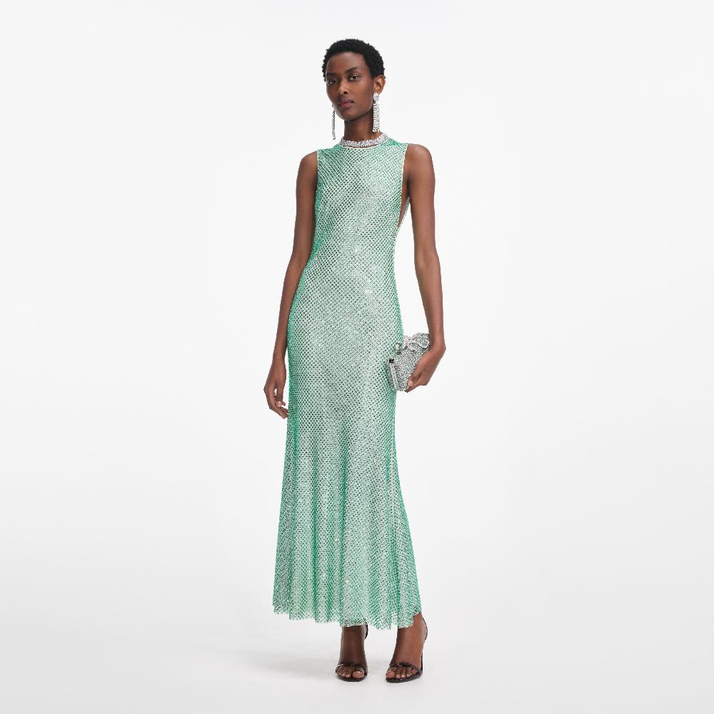 self portrait Mint Rhinestone Mesh Midi Dress CLOTHING
