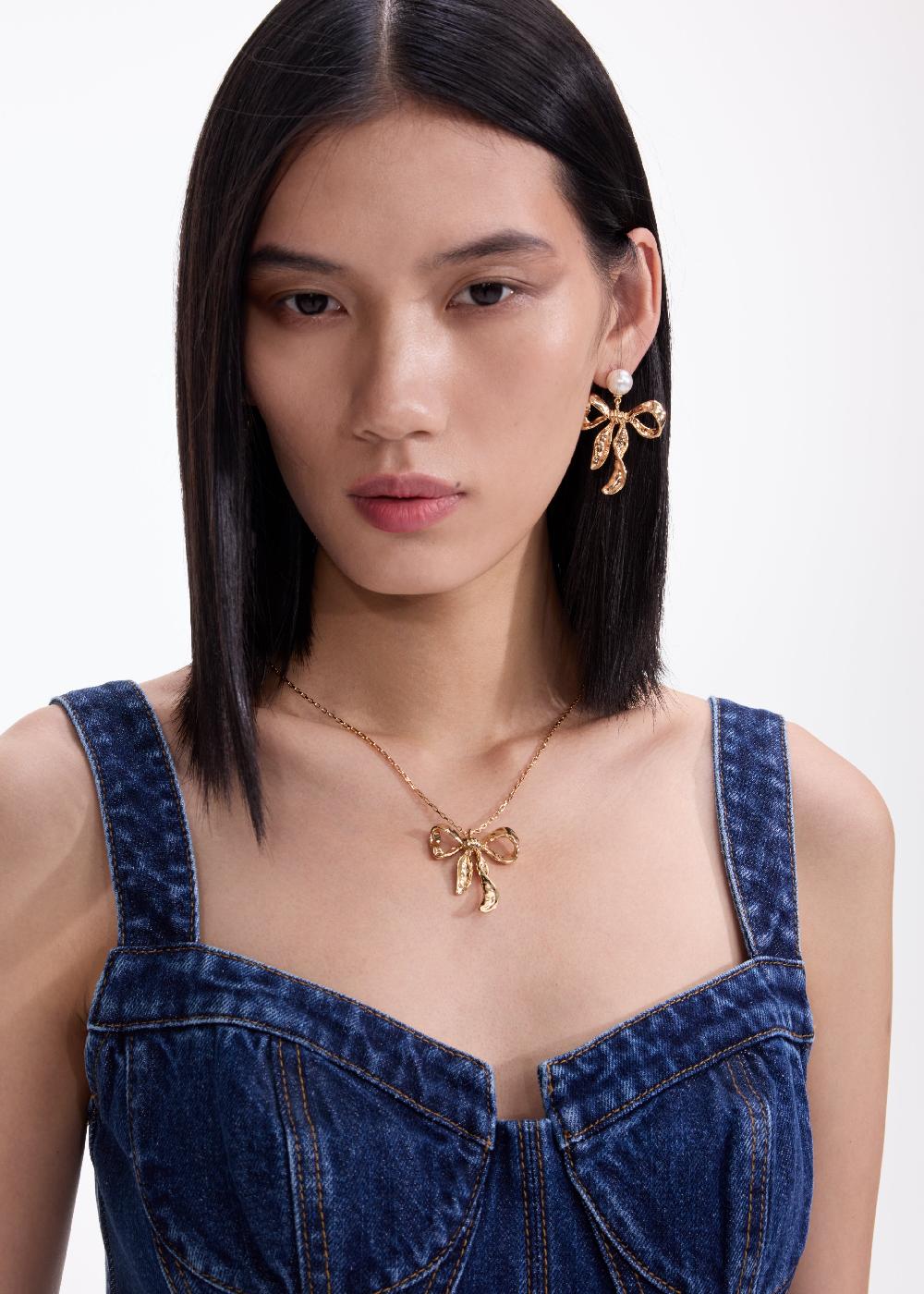 Self Portrait Mottled Gold Bow Pendant Necklace JEWELLERY