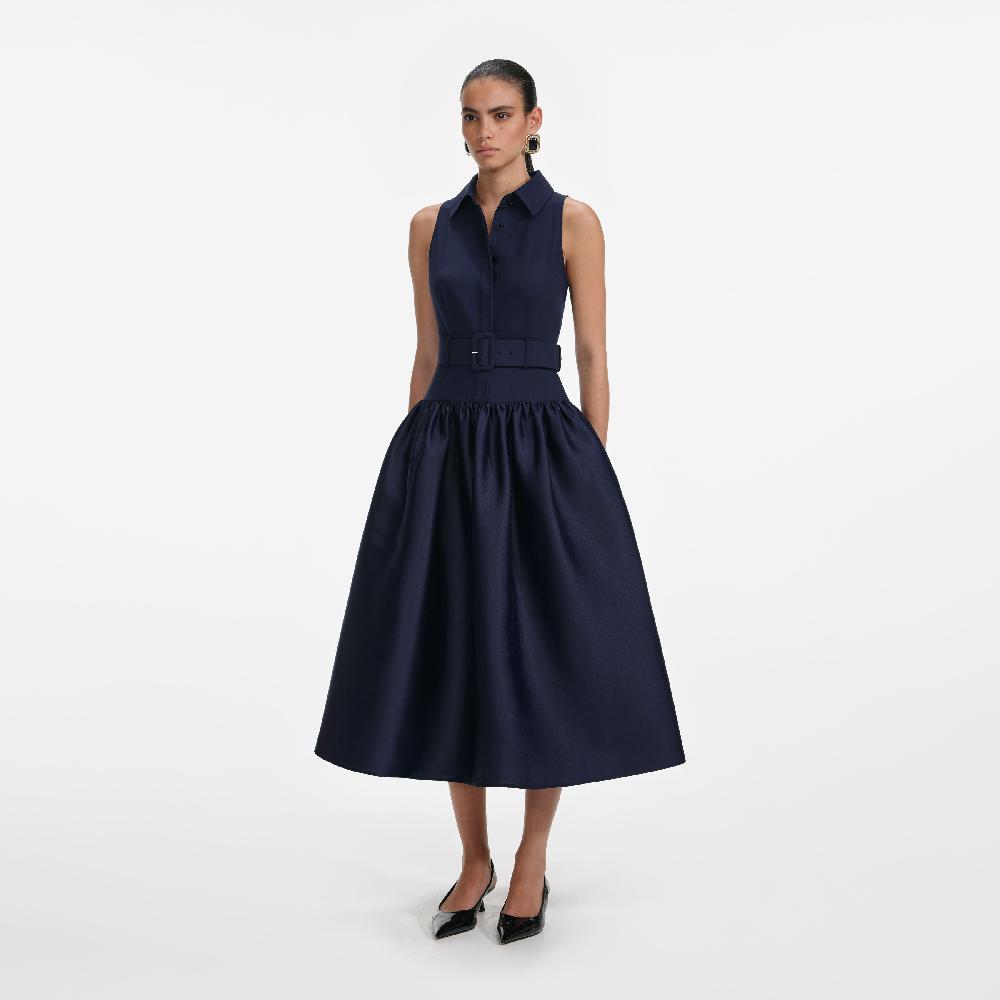 Self Portrait Navy Belted Twill Midi Dress CLOTHING