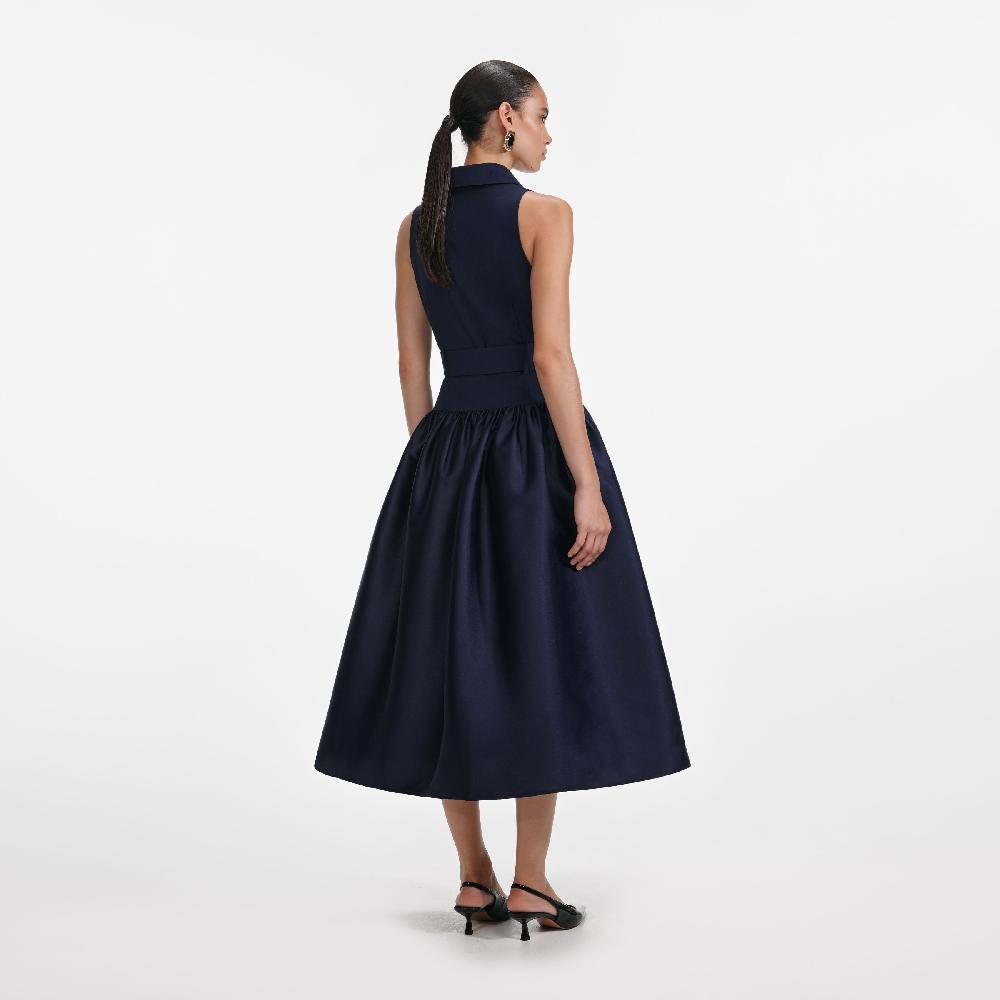 Self Portrait Navy Belted Twill Midi Dress CLOTHING