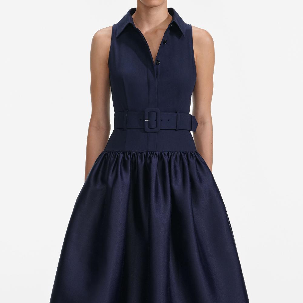 Self Portrait Navy Belted Twill Midi Dress CLOTHING