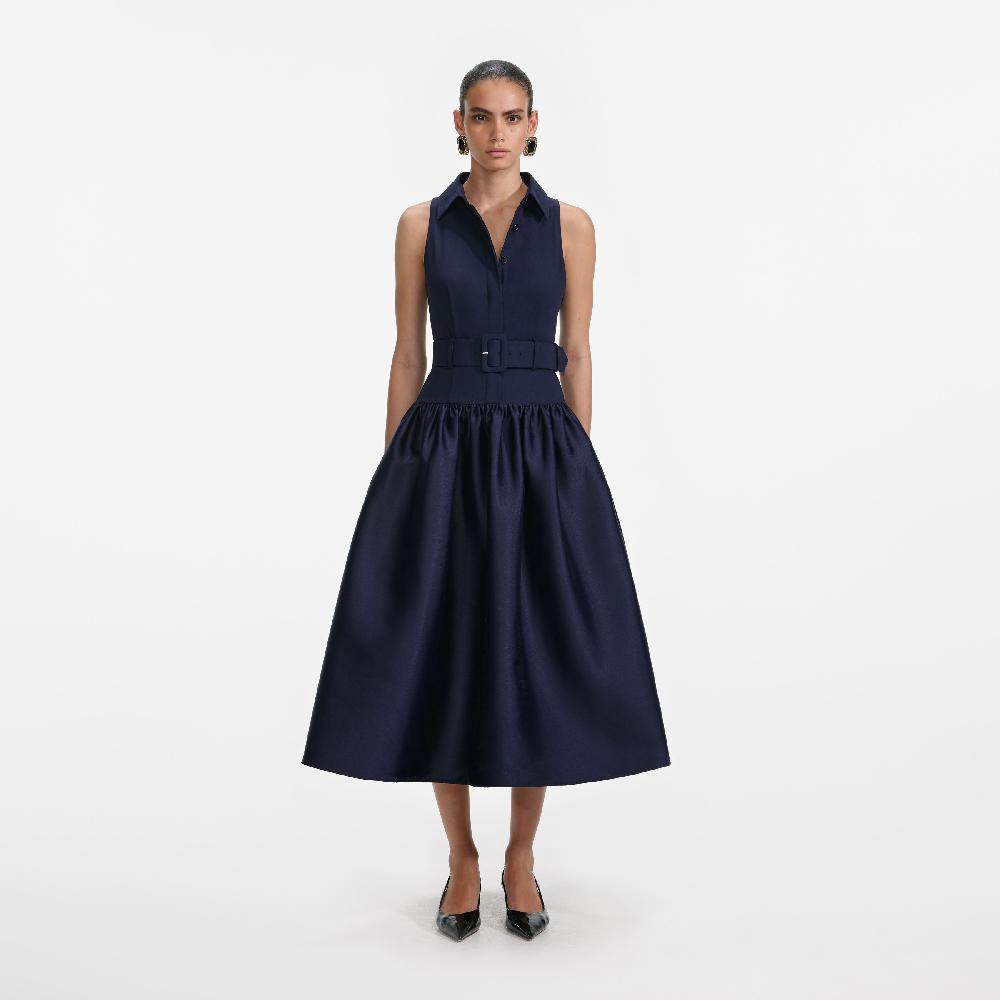 self portrait Navy Belted Twill Midi Dress CLOTHING