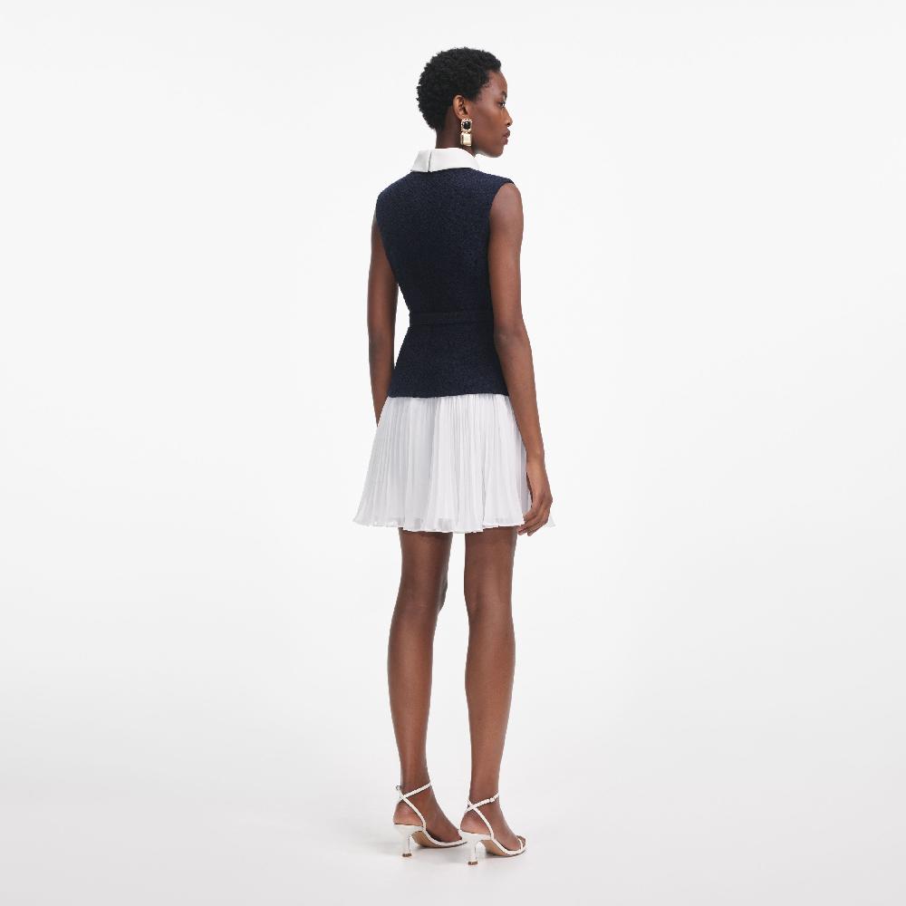 Self Portrait Navy Boucle And Chiffon Mini Dress CLOTHING