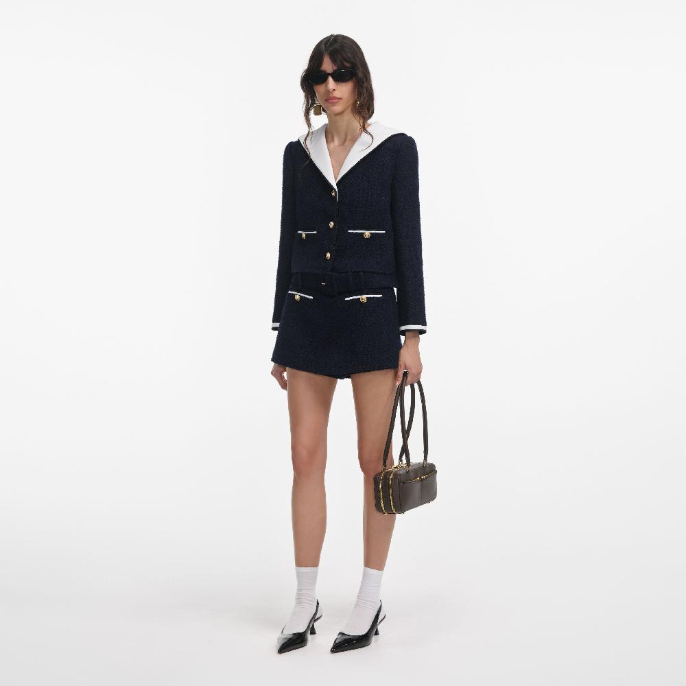 Self Portrait Navy Boucle Contrast Collar Jacket CLOTHING