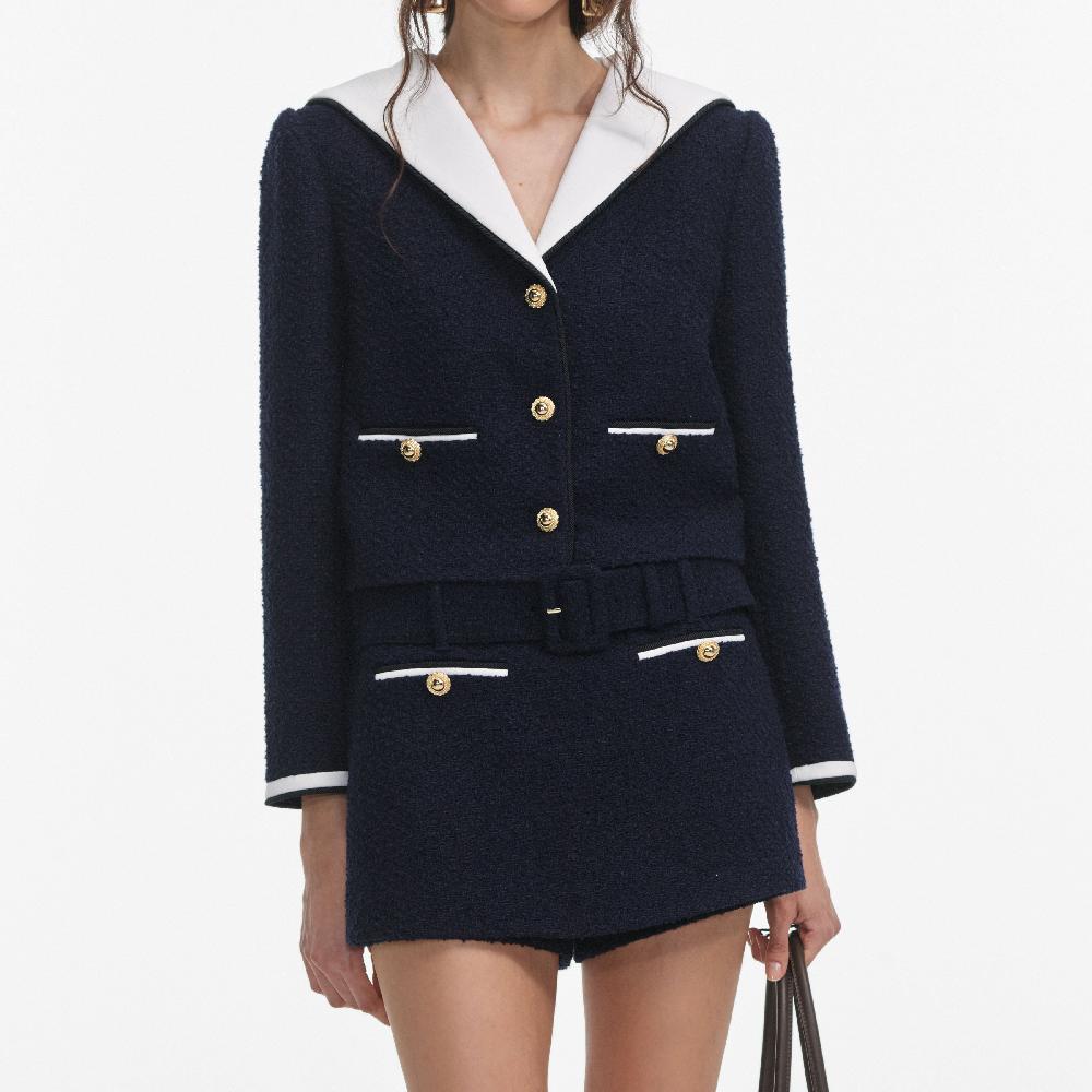 Self Portrait Navy Boucle Contrast Collar Jacket CLOTHING