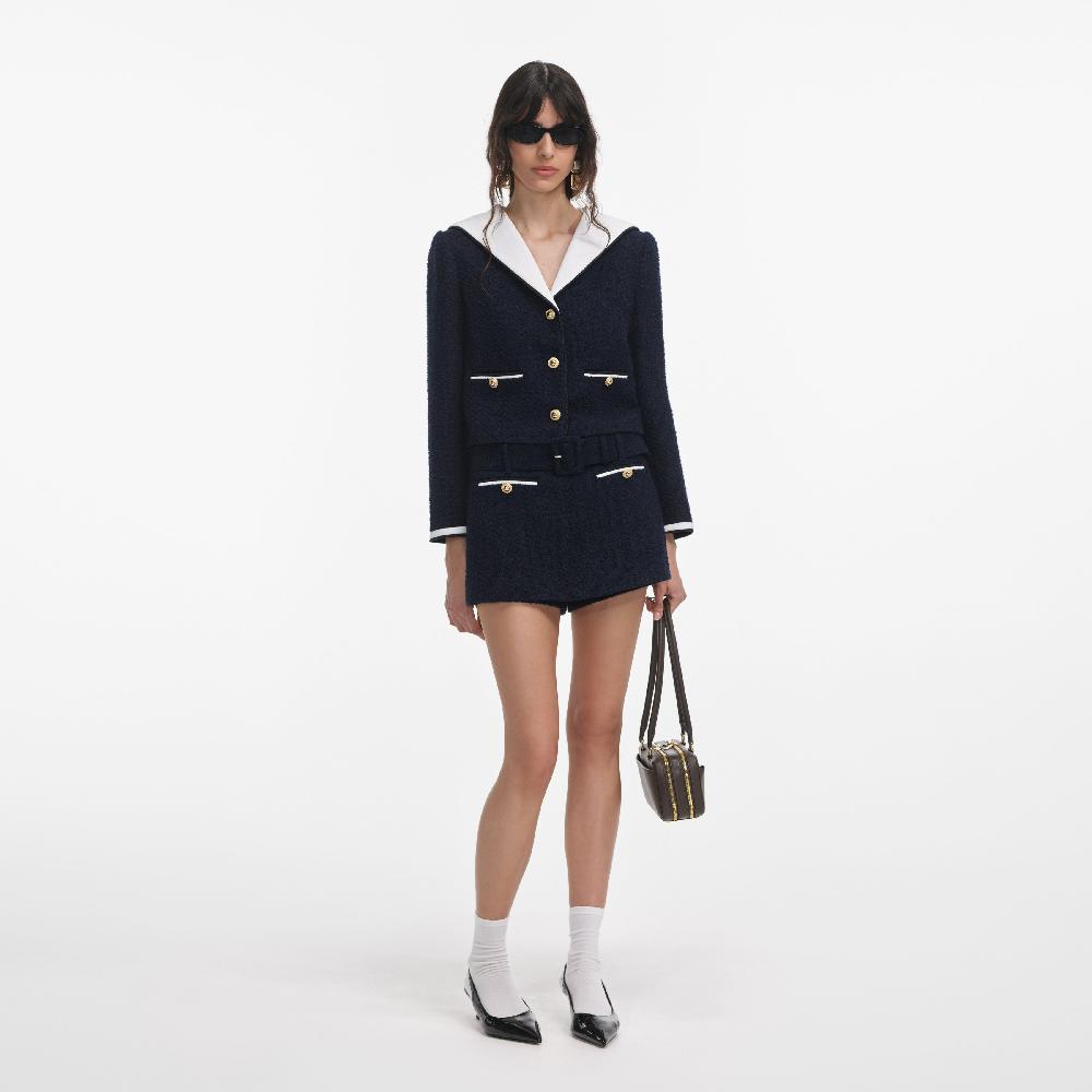 self portrait Navy Boucle Contrast Collar Jacket CLOTHING