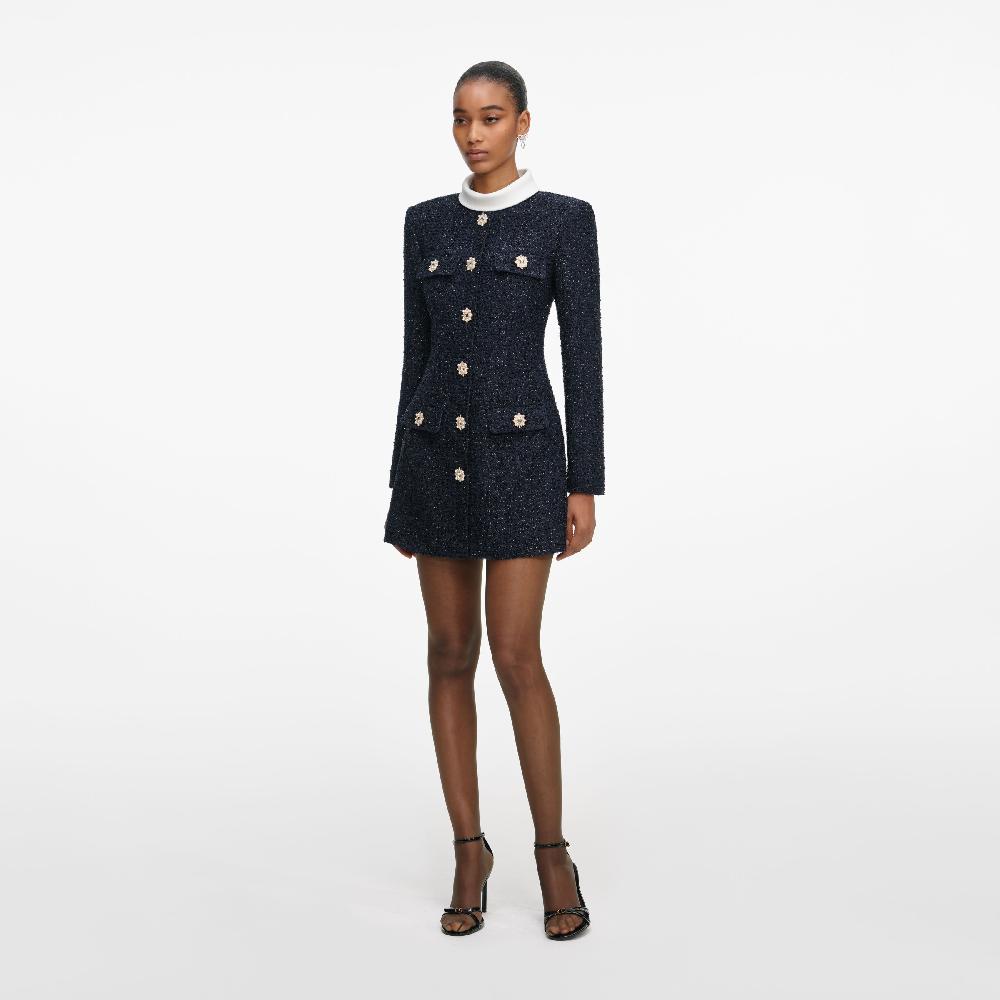 Self Portrait Navy Boucle Long Sleeve Mini Dress CLOTHING