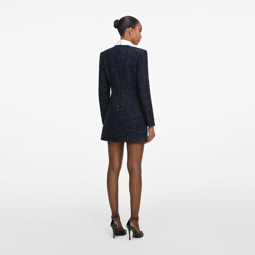 Self Portrait Navy Boucle Long Sleeve Mini Dress CLOTHING