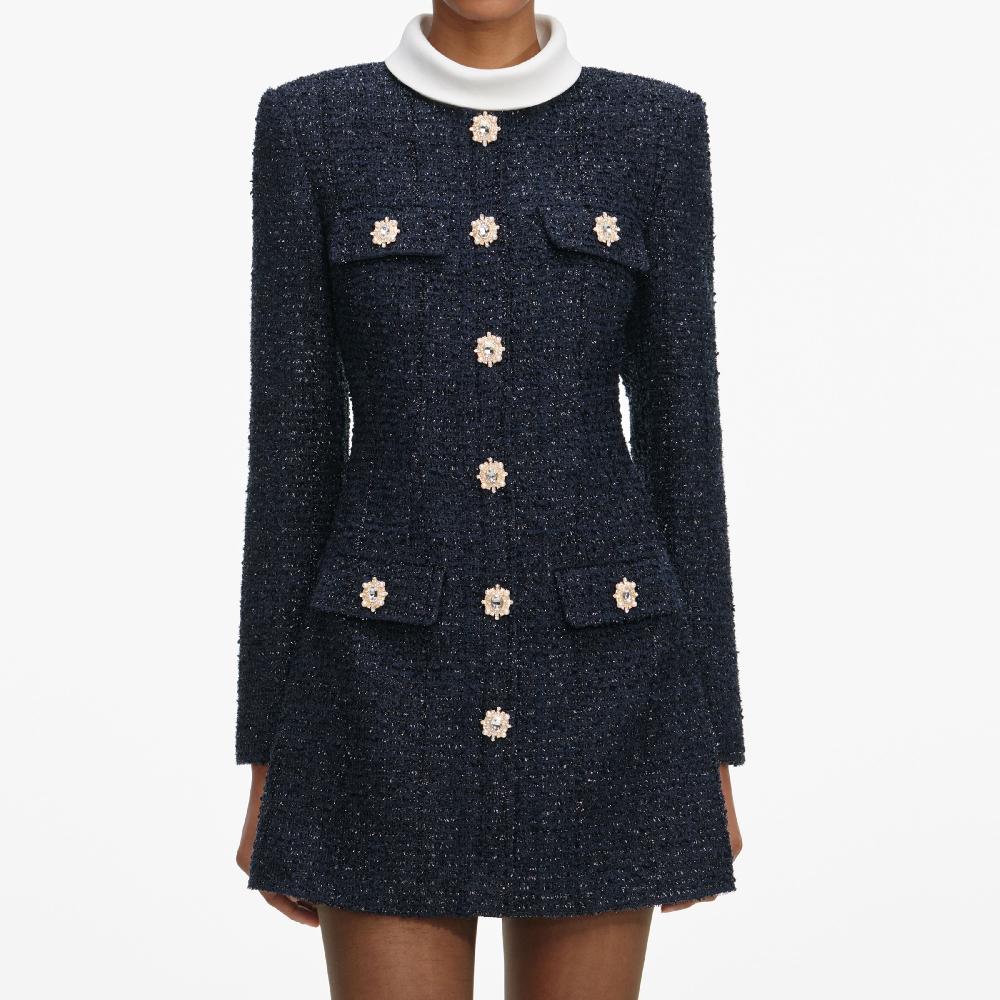 Self Portrait Navy Boucle Long Sleeve Mini Dress CLOTHING