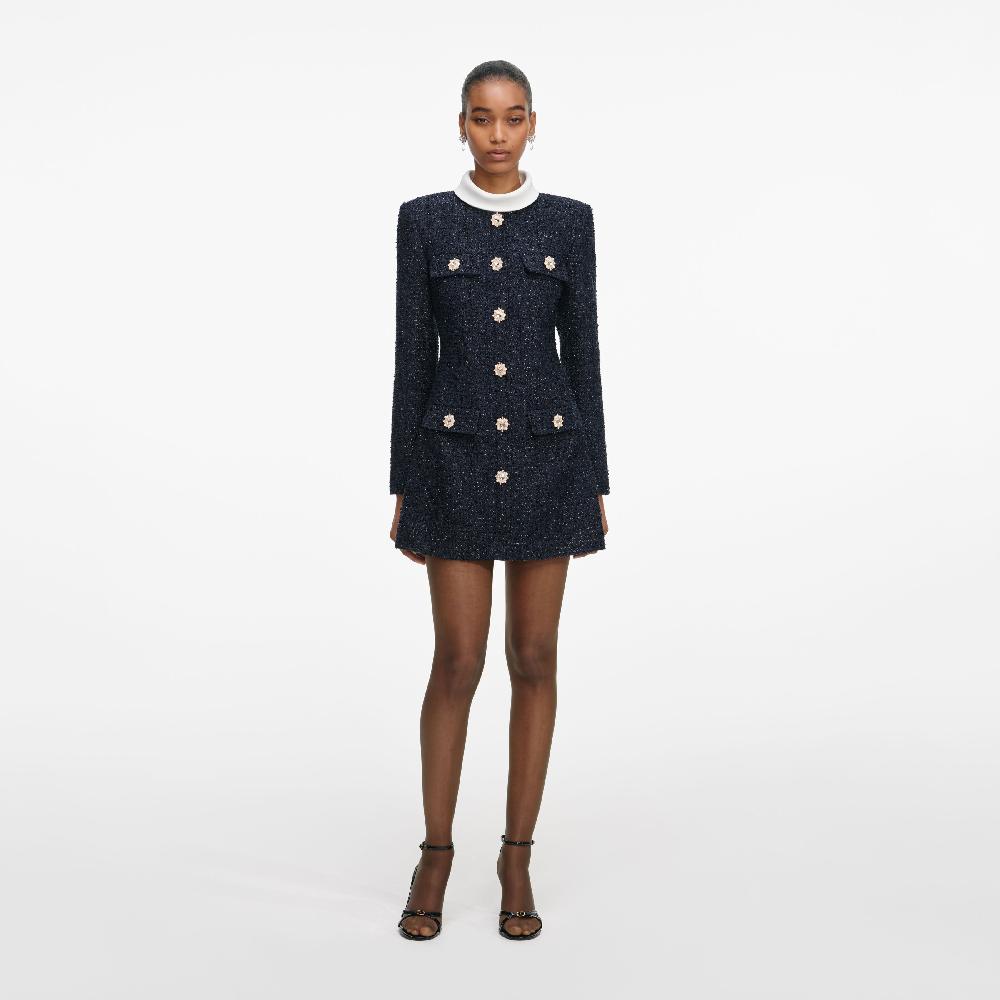 self portrait Navy Boucle Long Sleeve Mini Dress CLOTHING