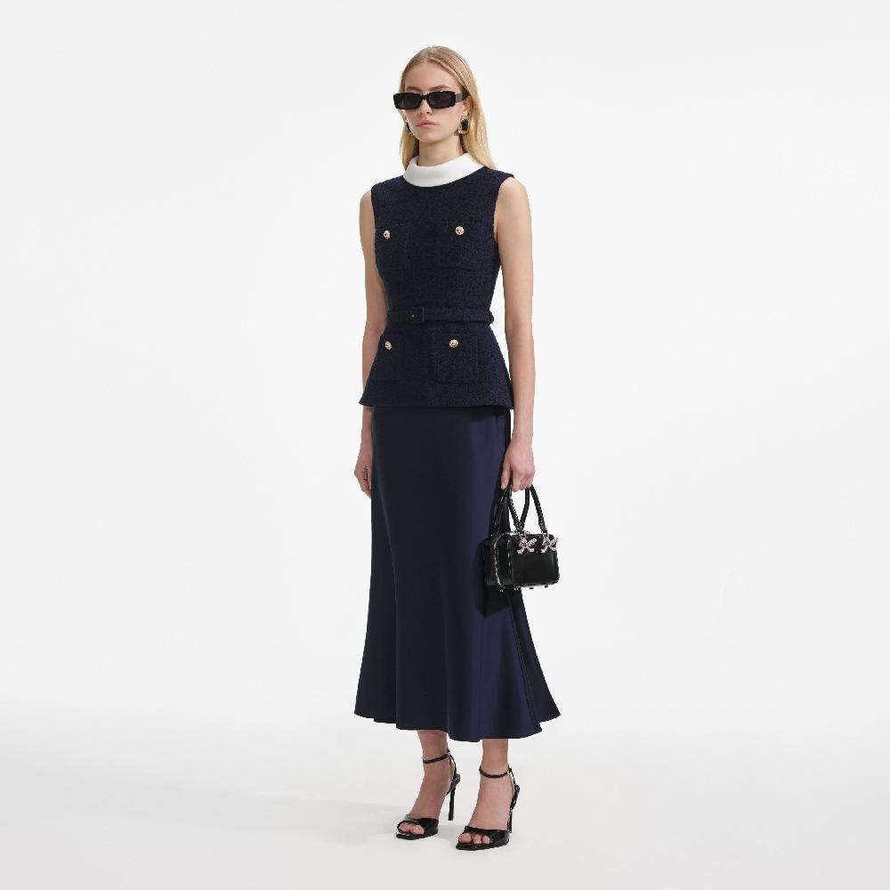 Self Portrait Navy Boucle Sleeveless Midi Dress CLOTHING