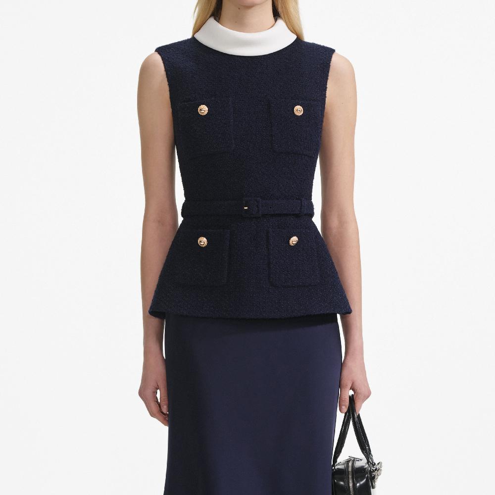 Self Portrait Navy Boucle Sleeveless Midi Dress CLOTHING