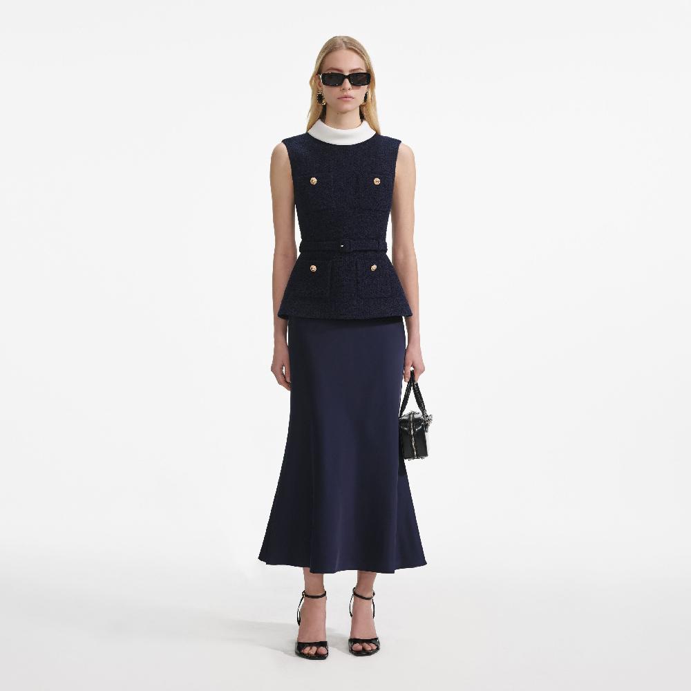 Self Portrait Navy Boucle Sleeveless Midi Dress CLOTHING