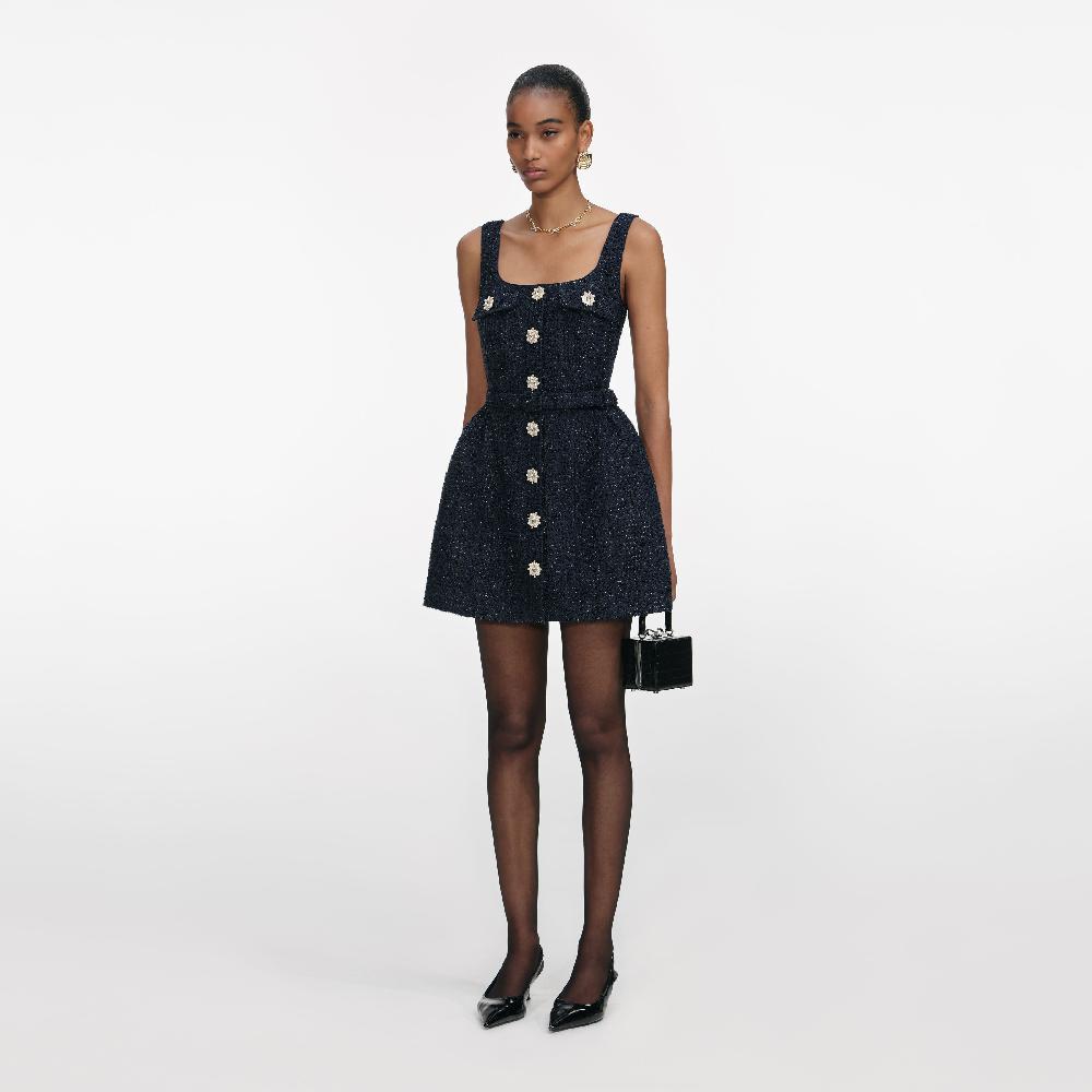 Self Portrait Navy Boucle Sleeveless Mini Dress CLOTHING