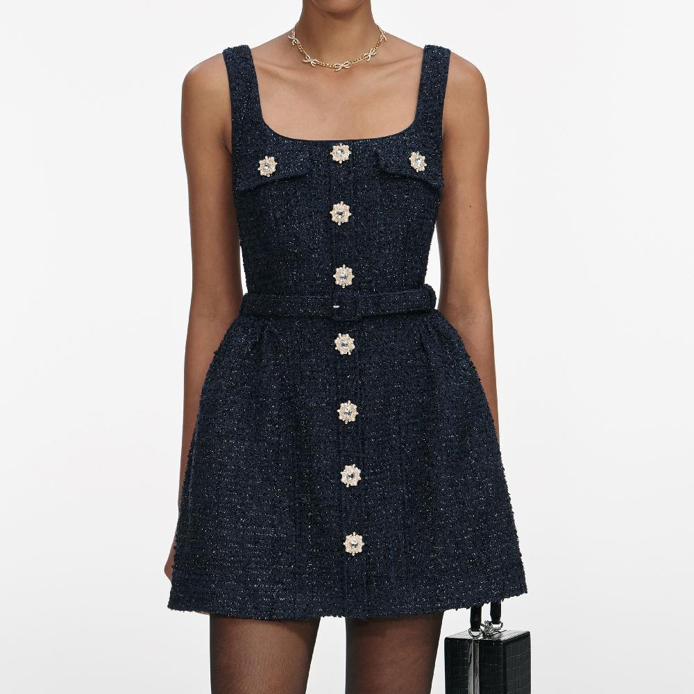 Self Portrait Navy Boucle Sleeveless Mini Dress CLOTHING