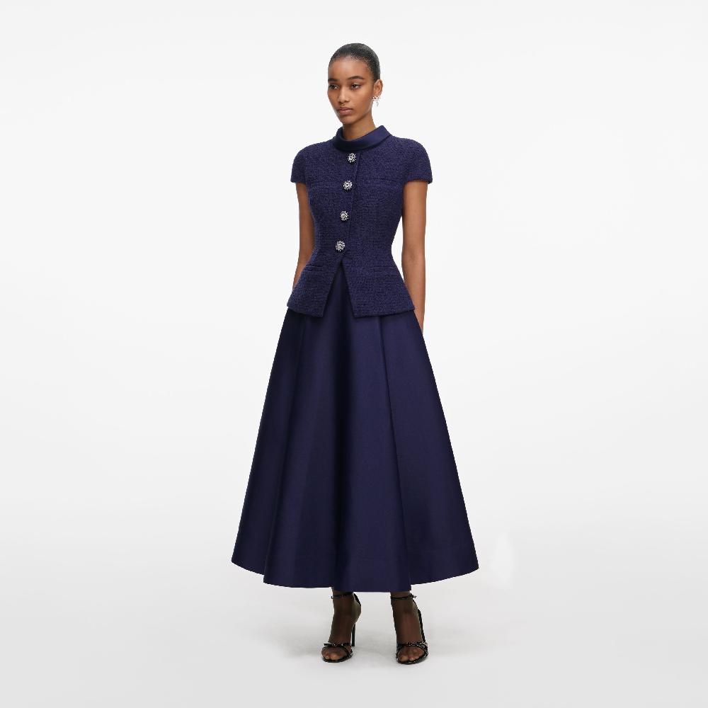 Self Portrait Navy Boucle Taffeta Midi Dress CLOTHING