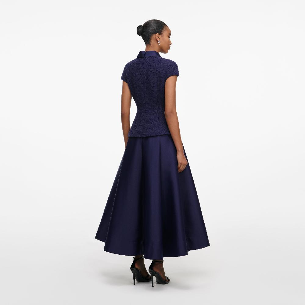 Self Portrait Navy Boucle Taffeta Midi Dress CLOTHING