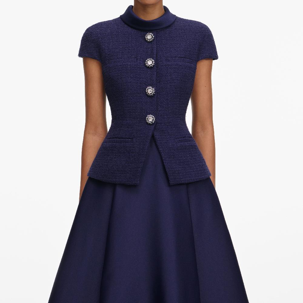 Self Portrait Navy Boucle Taffeta Midi Dress CLOTHING