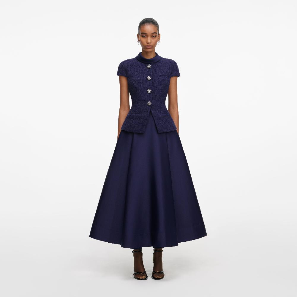 self portrait Navy Boucle Taffeta Midi Dress CLOTHING
