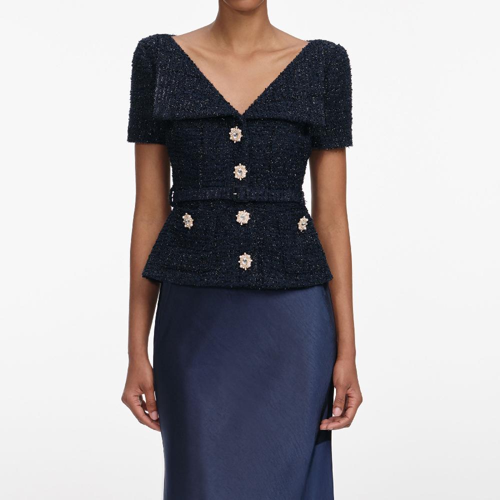 Self Portrait Navy Boucle Tailored Maxi Dress CLOTHING