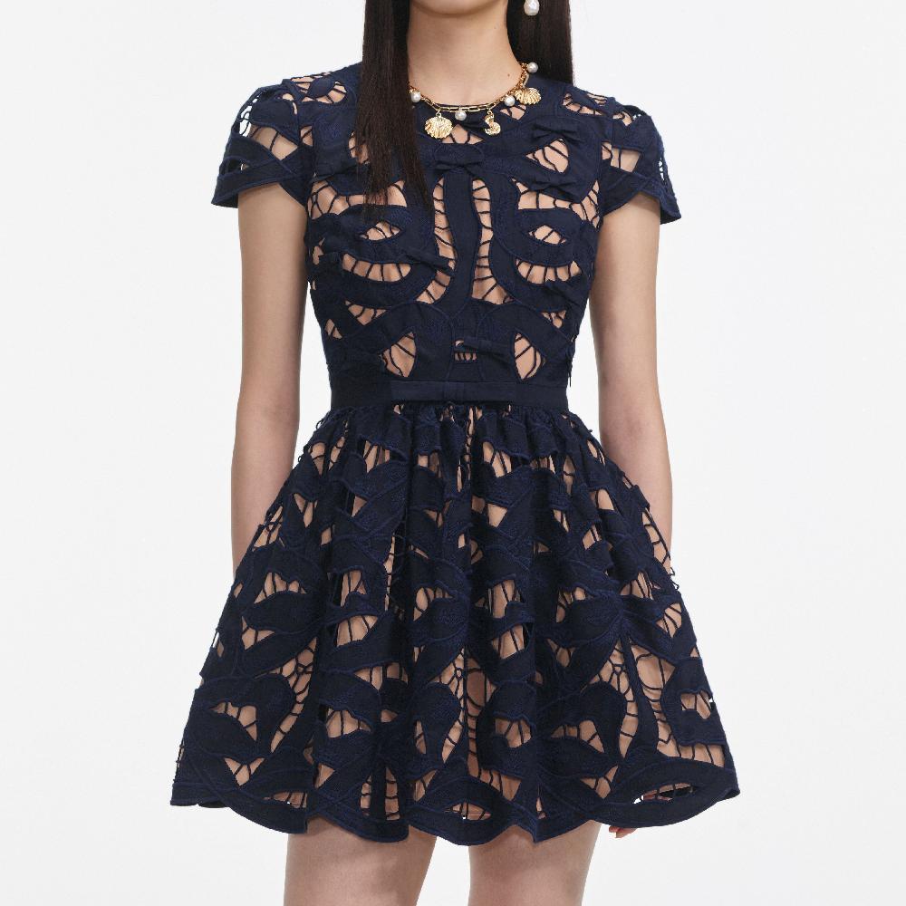 Self Portrait Navy Bow Embroidered Mini Dress CLOTHING