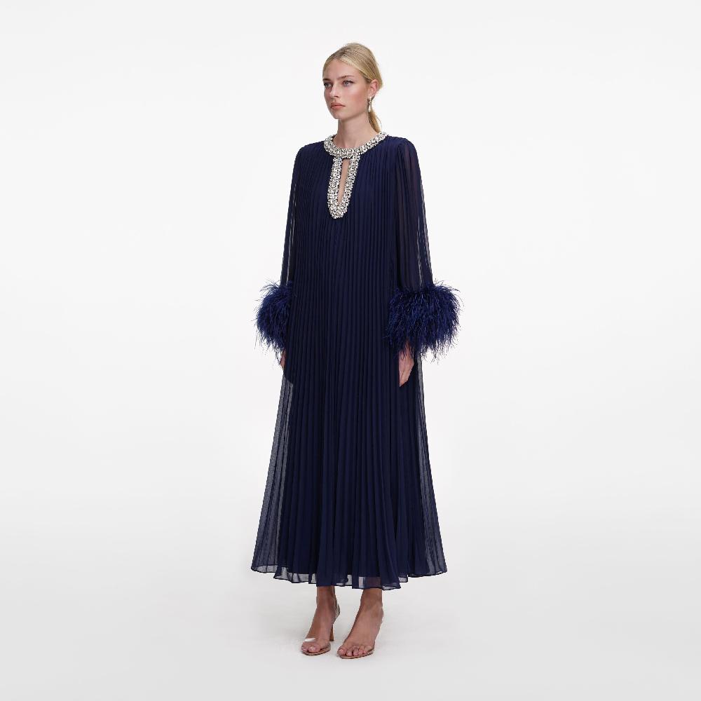 Self Portrait Navy Chiffon Feather Midi Dress CLOTHING