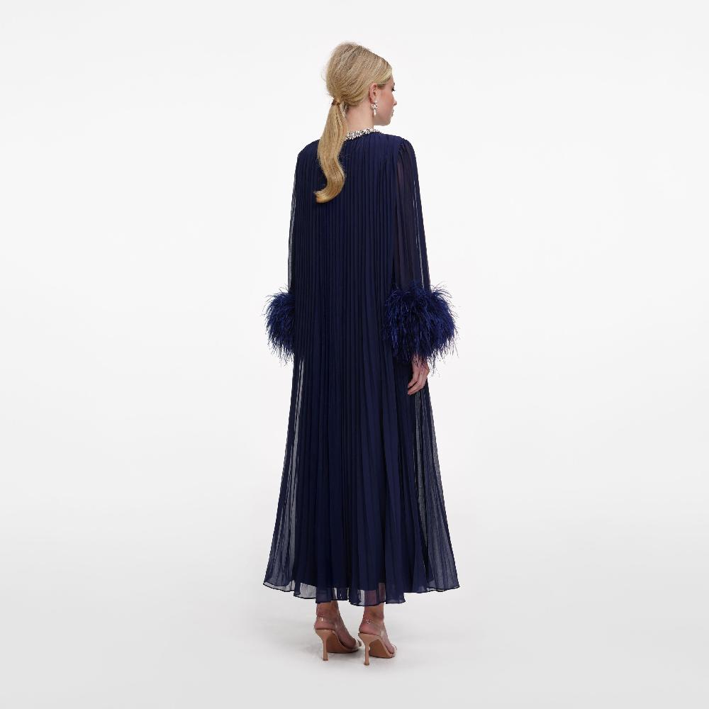 Self Portrait Navy Chiffon Feather Midi Dress CLOTHING
