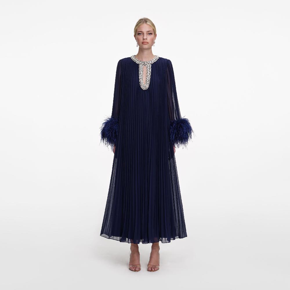 Self Portrait Navy Chiffon Feather Midi Dress CLOTHING