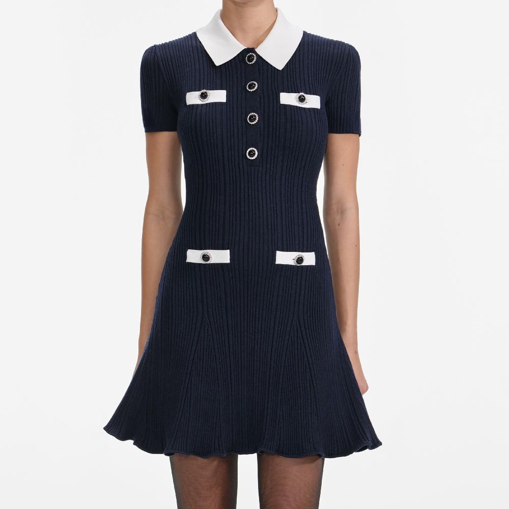 Self Portrait Navy Contrast Collar Knit Mini Dress CLOTHING