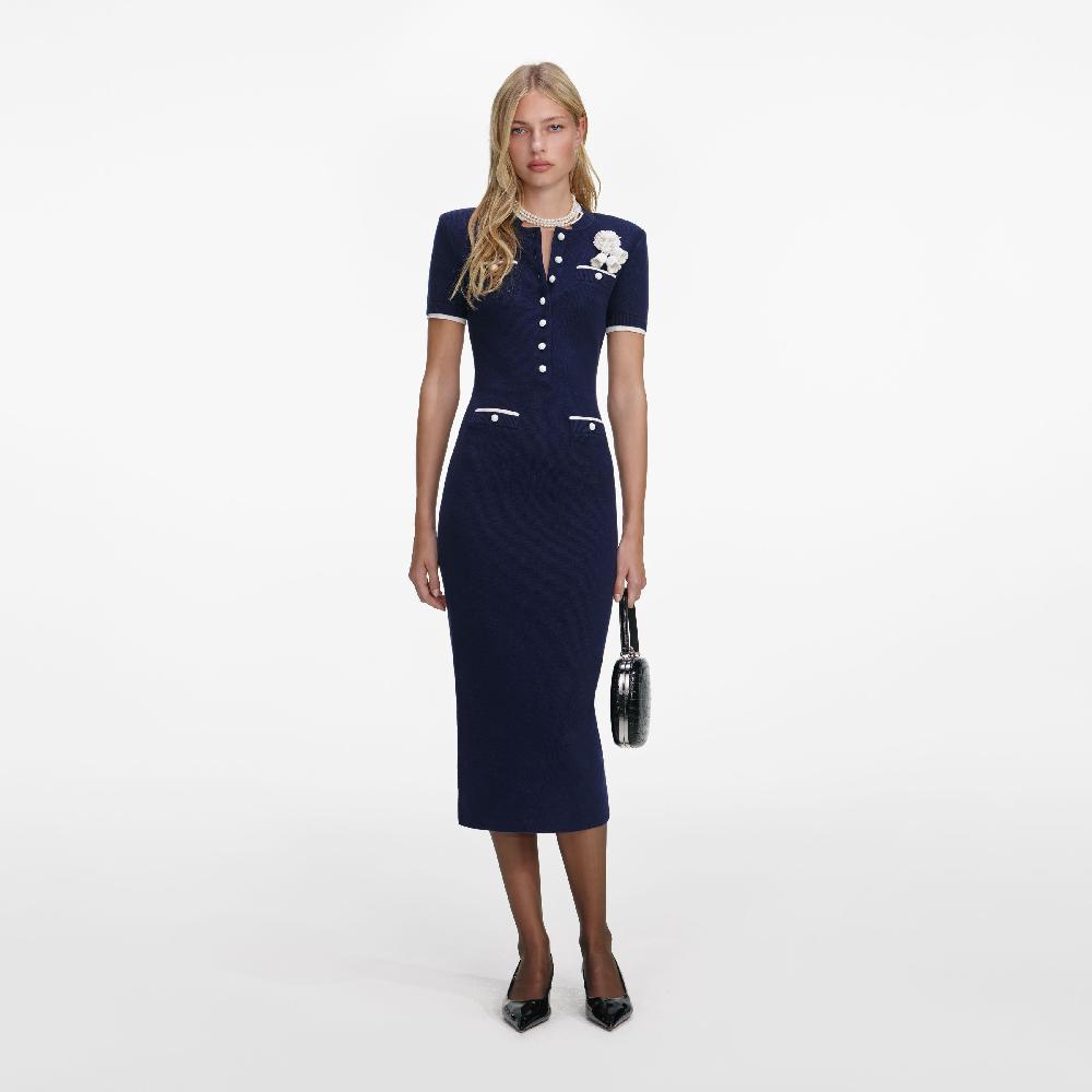 self portrait Navy Crochet Flower Knit Midi Dress CLOTHING