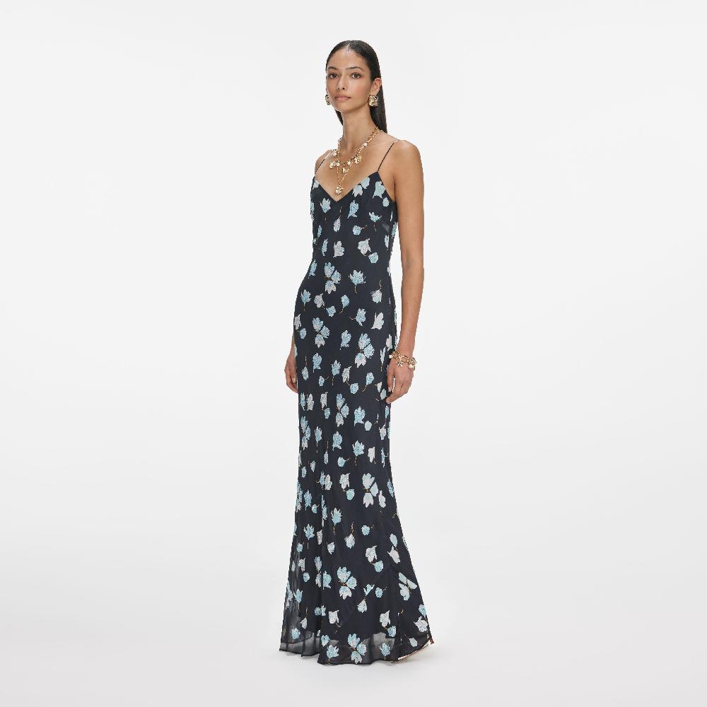 Self Portrait Navy Floral Rhinestone Maxi Dress CLOTHING