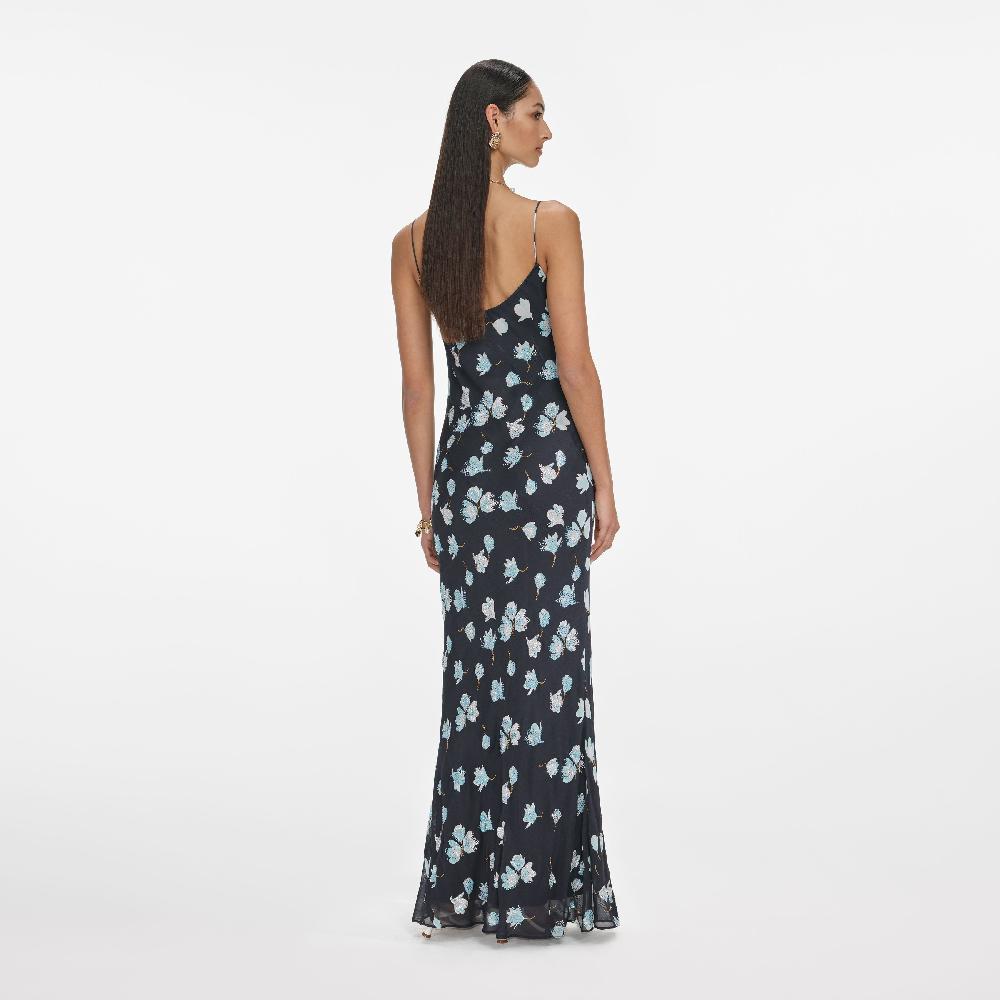 Self Portrait Navy Floral Rhinestone Maxi Dress CLOTHING