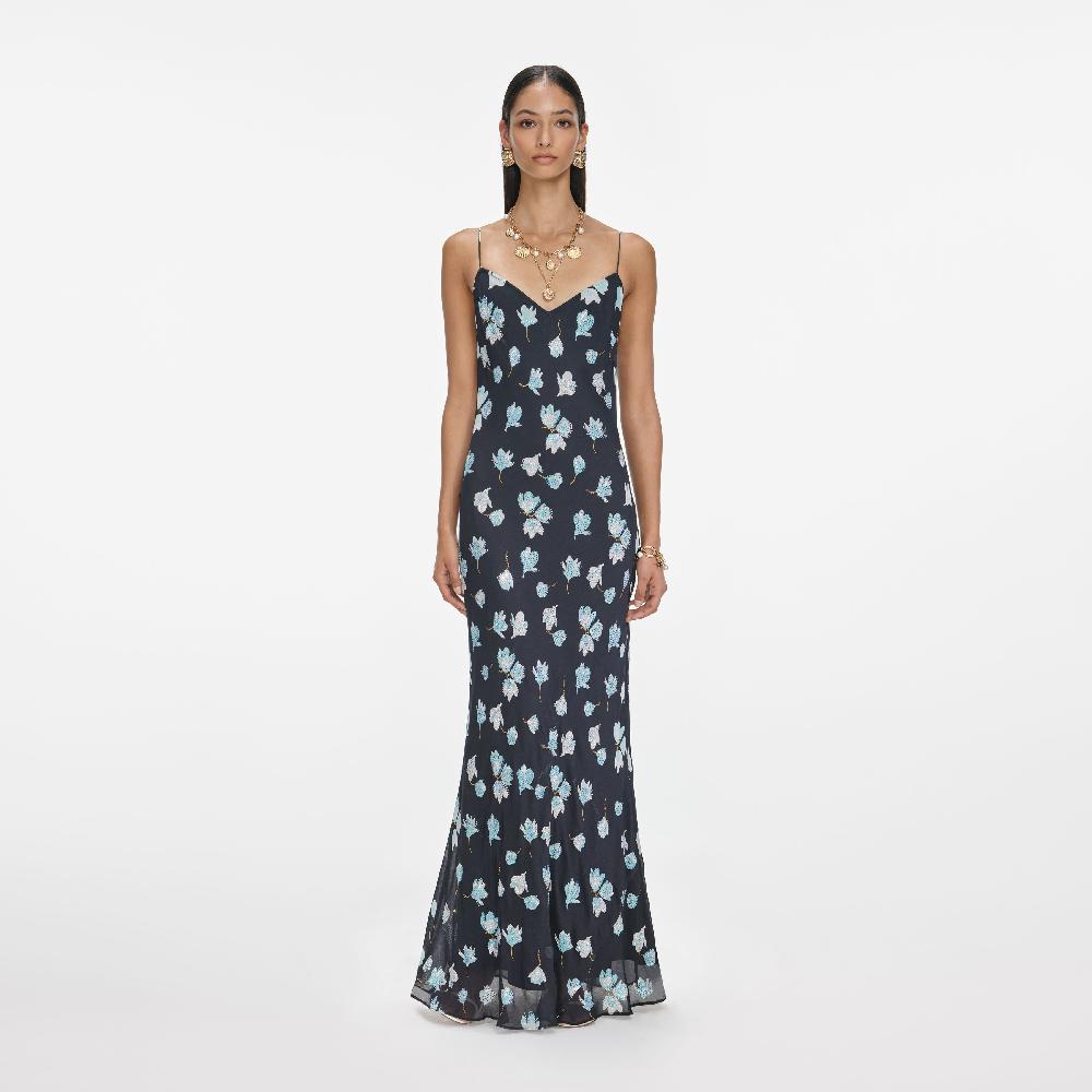 self portrait Navy Floral Rhinestone Maxi Dress CLOTHING