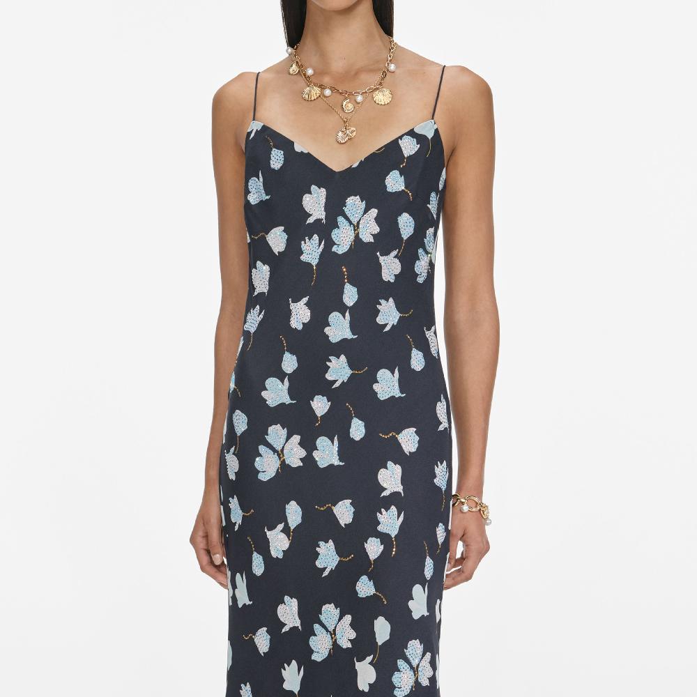 Self Portrait Navy Floral Rhinestone Midi Dress CLOTHING