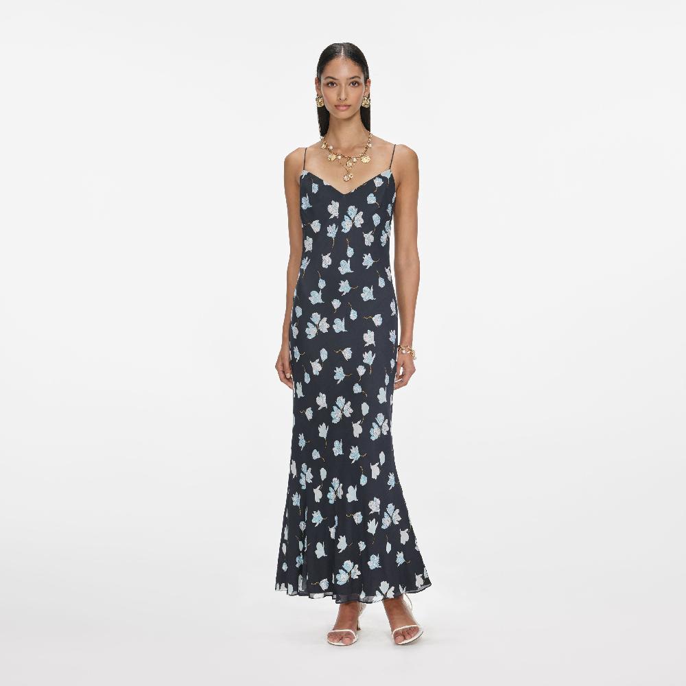 self portrait Navy Floral Rhinestone Midi Dress CLOTHING