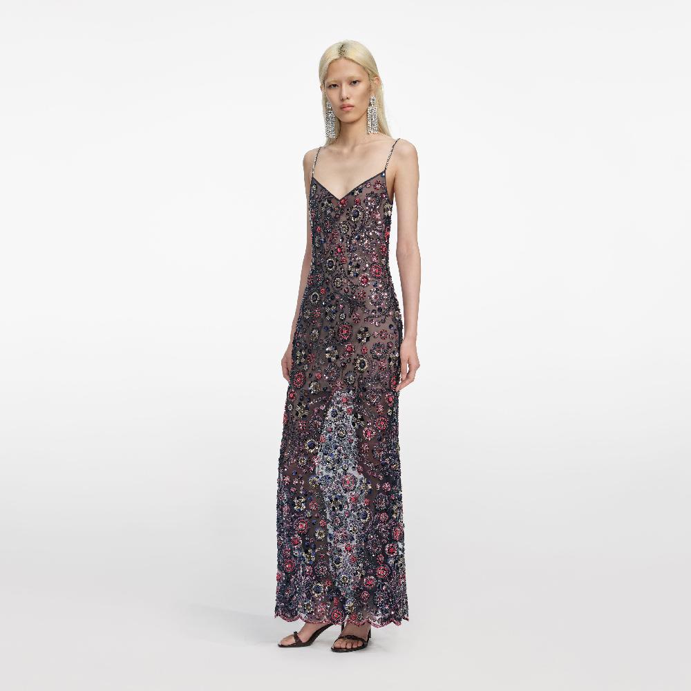 Self Portrait Navy Floral Sequin Maxi Dress CLOTHING