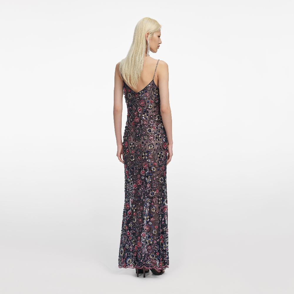 Self Portrait Navy Floral Sequin Maxi Dress CLOTHING