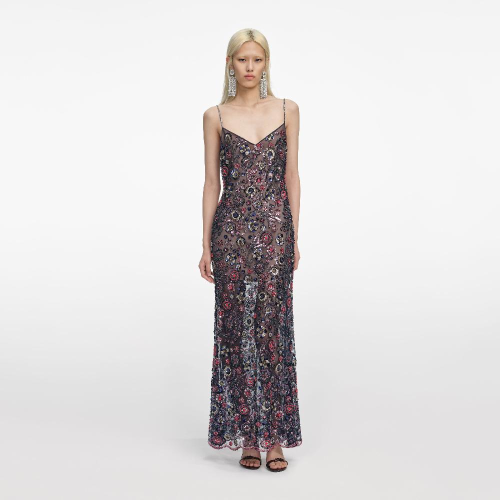 self portrait Navy Floral Sequin Maxi Dress CLOTHING