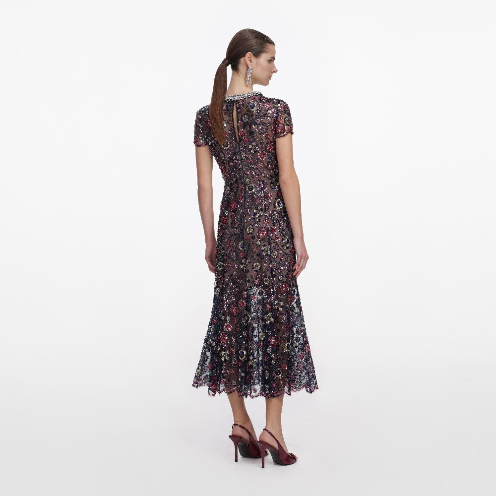 Self Portrait Navy Floral Sequin Midi Dress CLOTHING