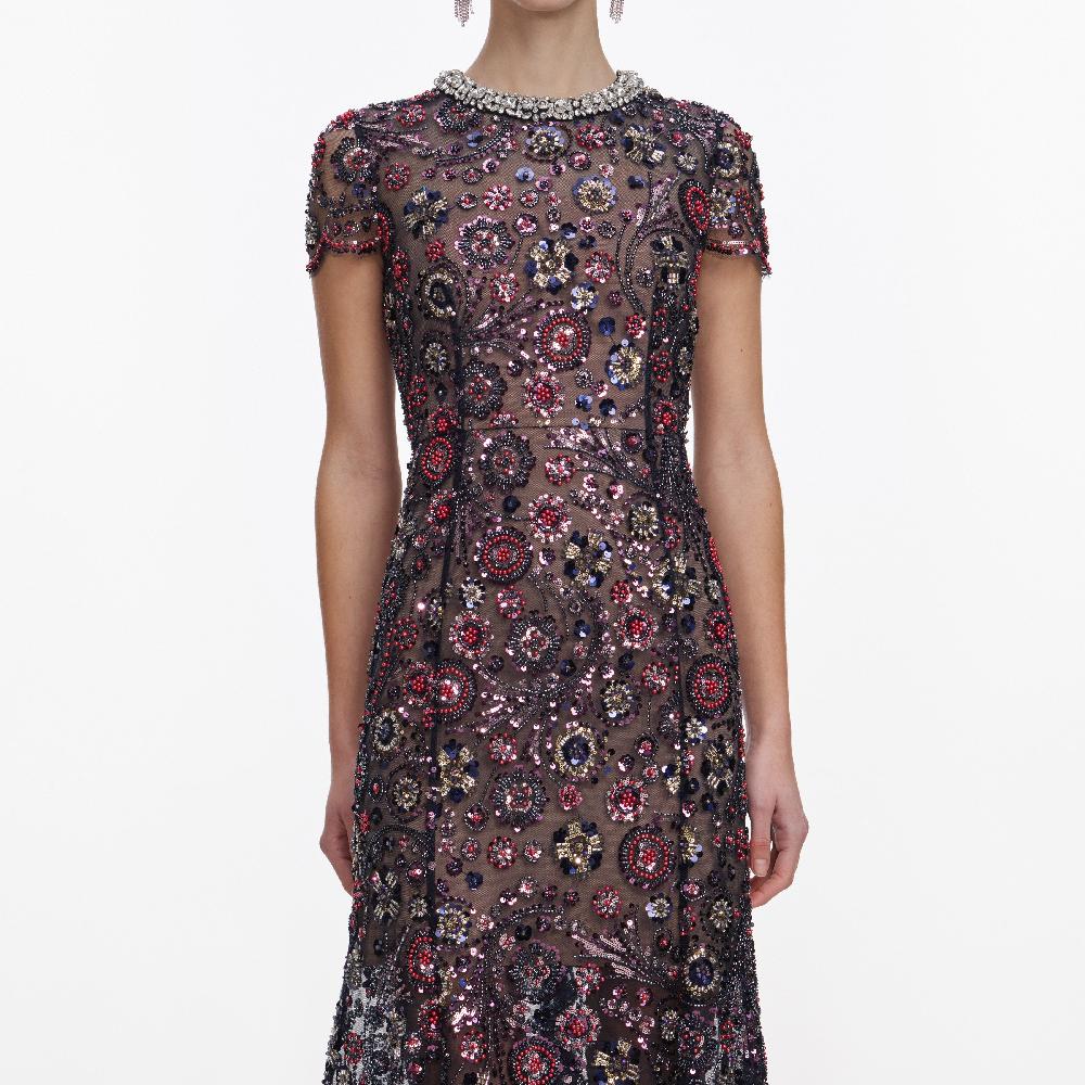 Self Portrait Navy Floral Sequin Midi Dress CLOTHING