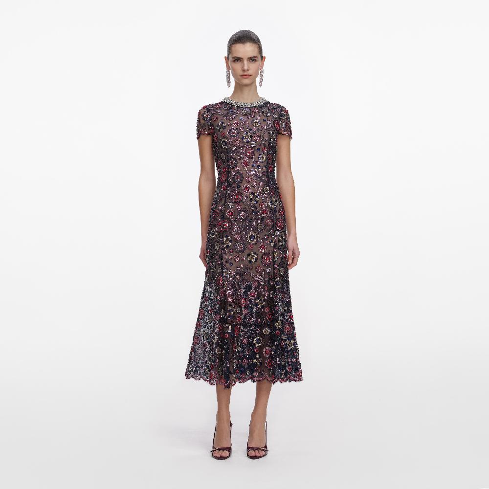 self portrait Navy Floral Sequin Midi Dress CLOTHING
