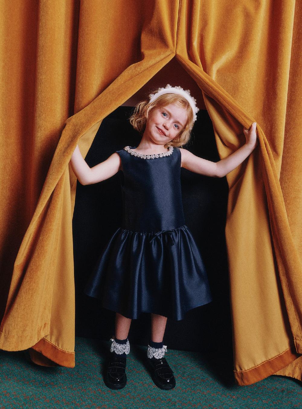 Self Portrait Navy Flower Scallop Taffeta Dress KIDS