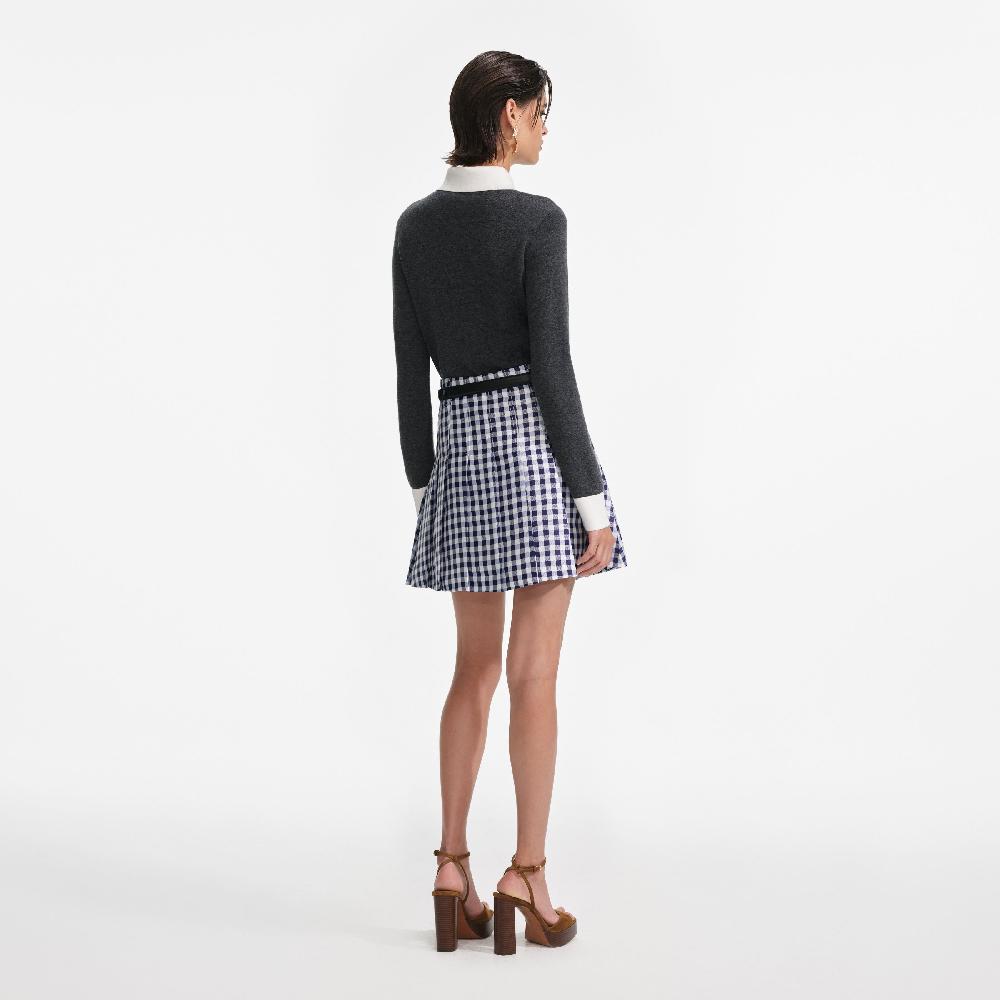 Self Portrait Navy Gingham Pleated Taffeta Mini Skirt CLOTHING