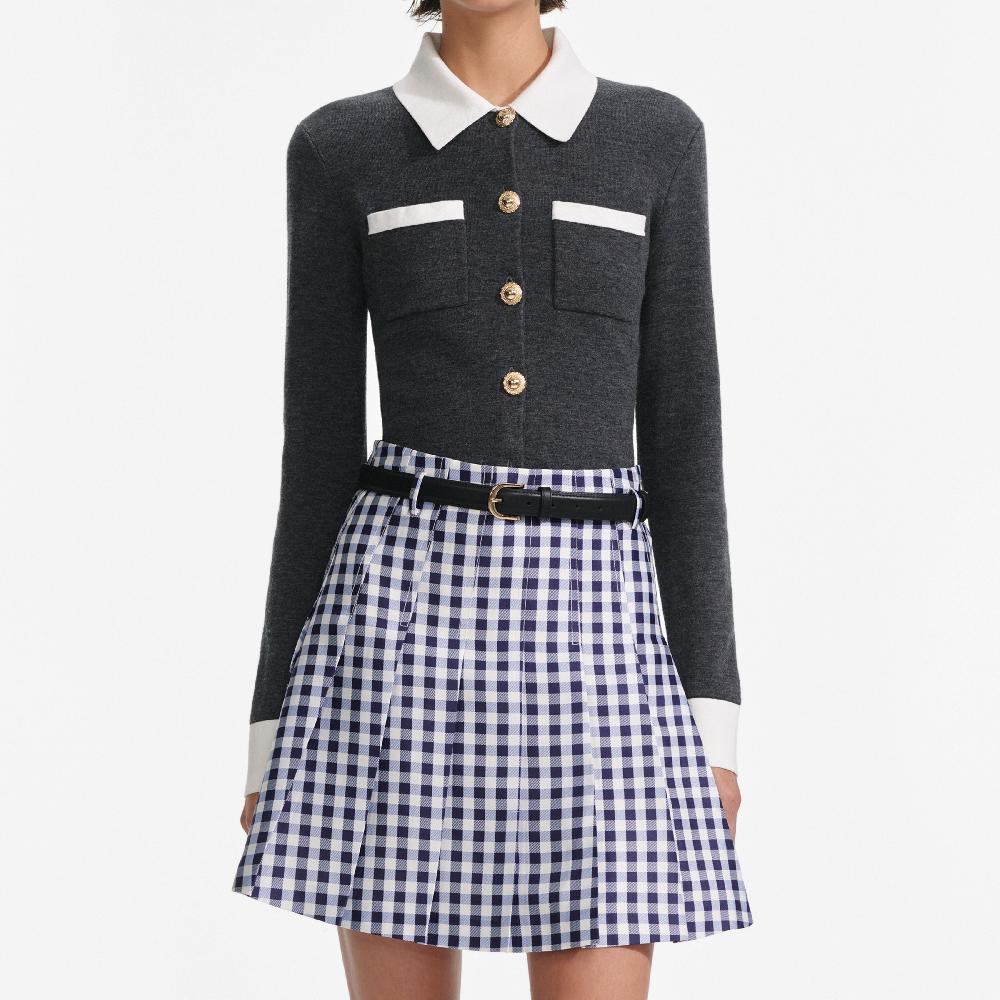 Self Portrait Navy Gingham Pleated Taffeta Mini Skirt CLOTHING