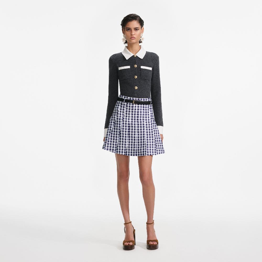 self portrait Navy Gingham Pleated Taffeta Mini Skirt CLOTHING