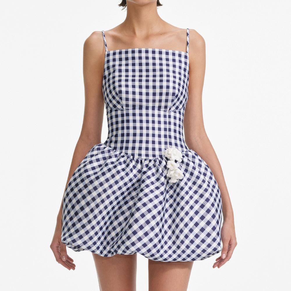 Self Portrait Navy Gingham Taffeta Mini Dress CLOTHING